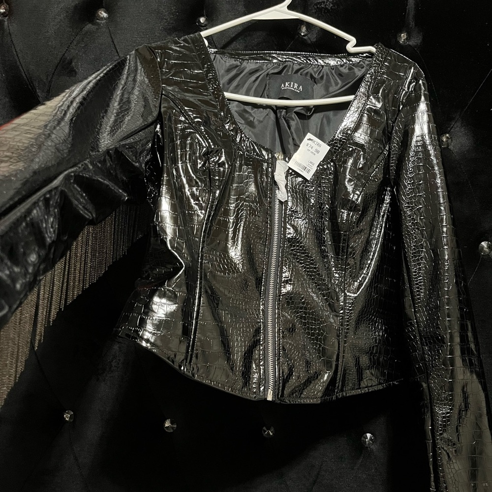 AKIRA crop leather croc print metal fringe jacket